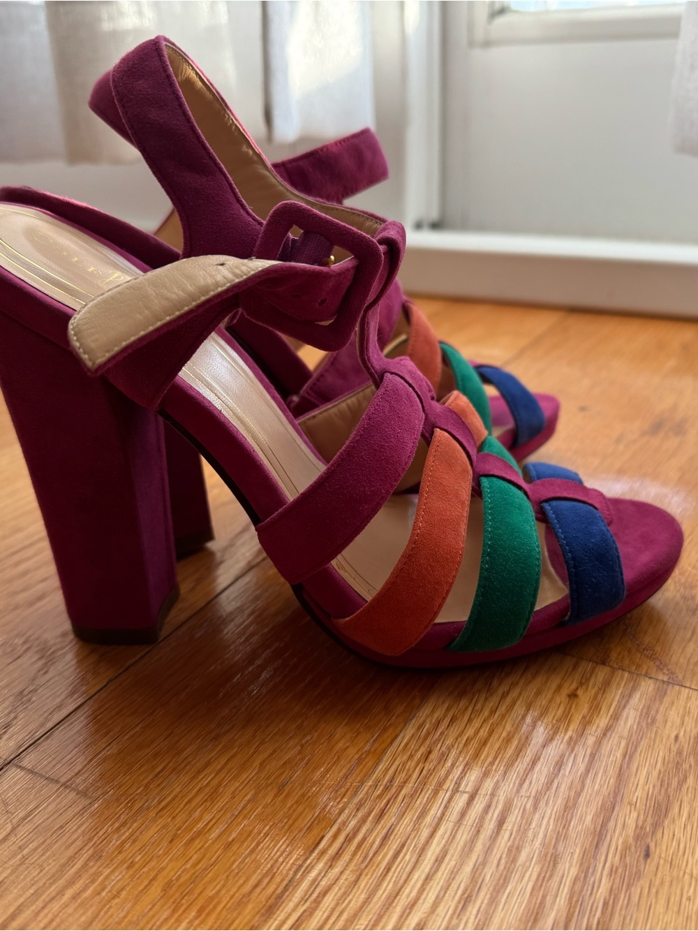 Cole Haan Multi-Color Suede Block Heel Sandals (Magenta, Orange, Green, Blue)